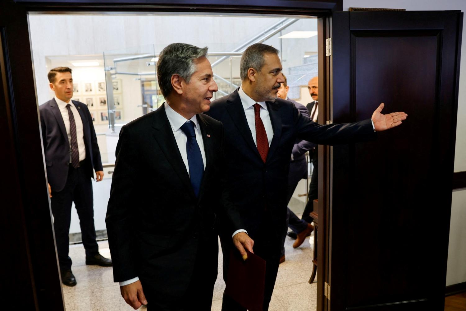 U.S. Secretary of State Antony Blinken meets with Turkish Foreign Minister Hakan Fidan, amid the ongoing conflict between Israel and the Palestinian Islamist group Hamas, at the Ministry of Foreign Affairs in Ankara, Turkey, November 6, 2023.