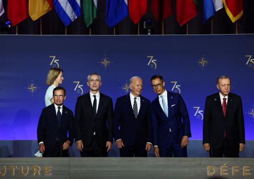 U.S. President Joe Biden, NATO Secretary General Jens Stoltenberg, Finnish President Alexander Stubb, Swedish Prime Minister Ulf Kristersson, Turkish President Recep Tayyip Erdoğan and Estonian Prime Minister Kaja Kallas attend a NATO event to commemorate the 75th anniversary of the alliance, in Washington, DC, United States, July 9, 2024.