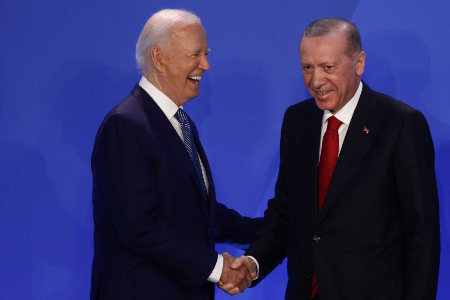 President of the United States Joe Biden and President of Turkiye Recep Tayyip Erdogan during welcome ceremony of the NATO Summit in Washington DC, United States on July 10, 2024.
