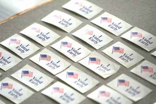 "I voted early" stickers are available as part of early voting at the Frank P. Zeidler Municipal Building on North Broadway in Milwaukee on Tuesday, July 30, 2024.