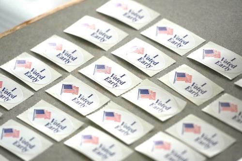 "I voted early" stickers are available as part of early voting at the Frank P. Zeidler Municipal Building on North Broadway in Milwaukee on Tuesday, July 30, 2024.