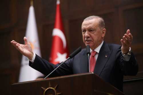 Turkish President Recep Tayyip Erdoğan addresses members of parliament from his ruling AK Party (AKP) during a meeting at the Turkish parliament in Ankara, Turkey, October 9, 2024.