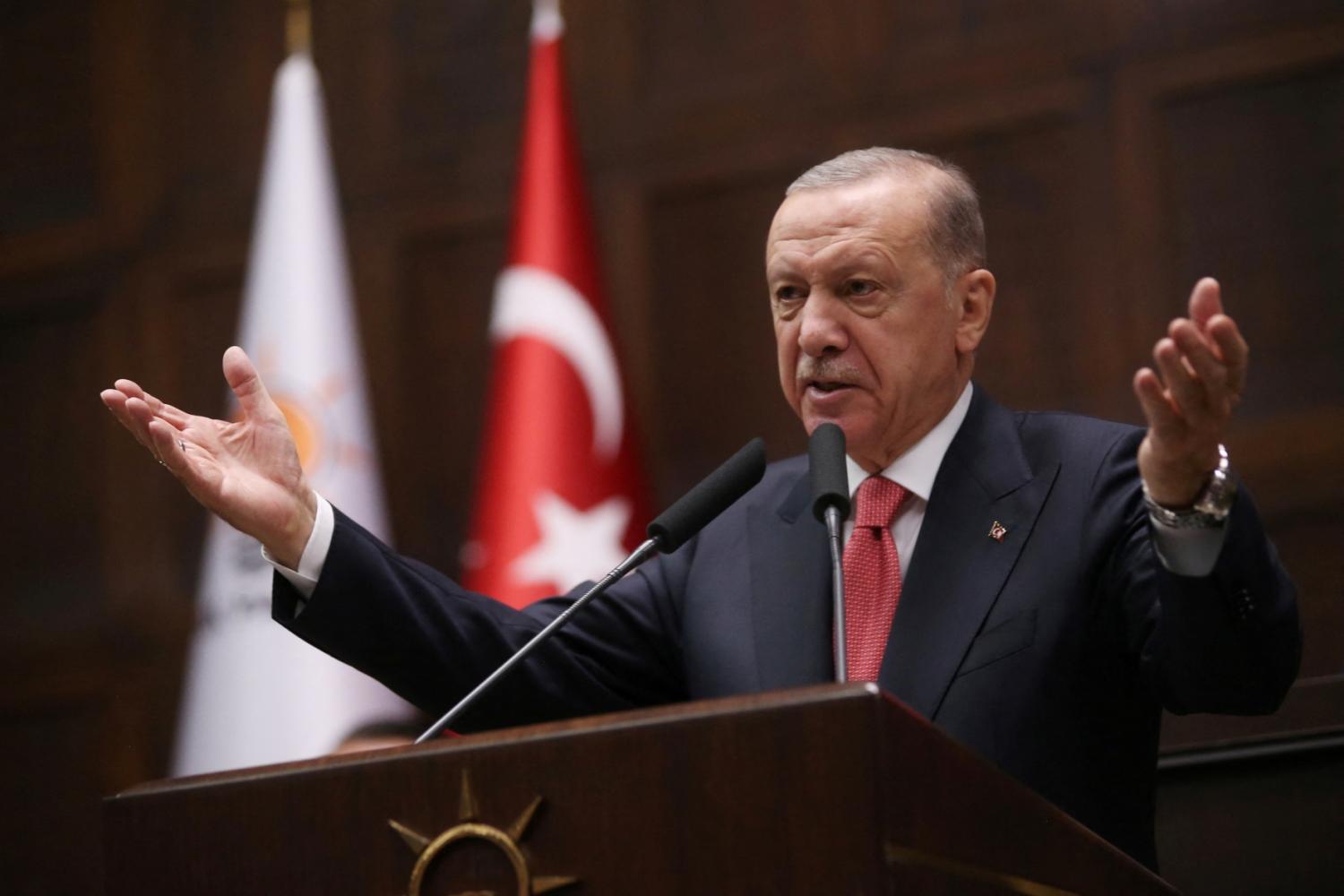 Turkish President Recep Tayyip Erdoğan addresses members of parliament from his ruling AK Party (AKP) during a meeting at the Turkish parliament in Ankara, Turkey, October 9, 2024.