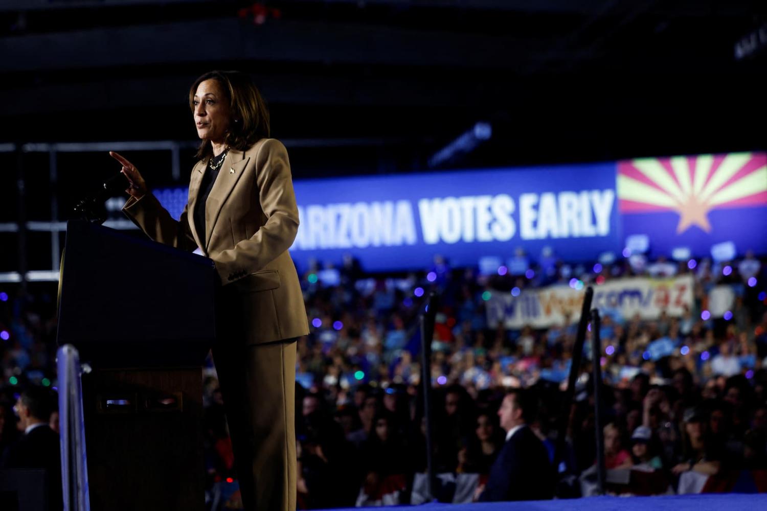 Democratic presidential nominee and U.S. Vice President Kamala Harris speaks during a campaign event at Rawhide Event Space, in Chandler, Arizona, U.S., October 10, 2024.