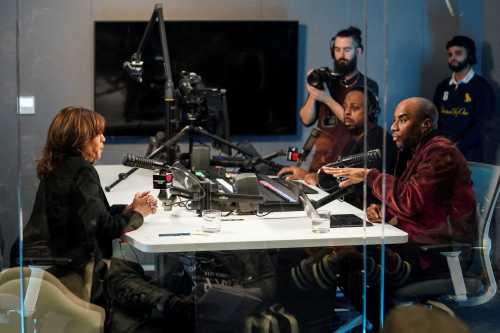 Democratic presidential nominee U.S. Vice President Kamala Harris participates in a "town hall" with radio host Charlamagne Tha God, in Detroit, Michigan, U.S., October 15, 2024.