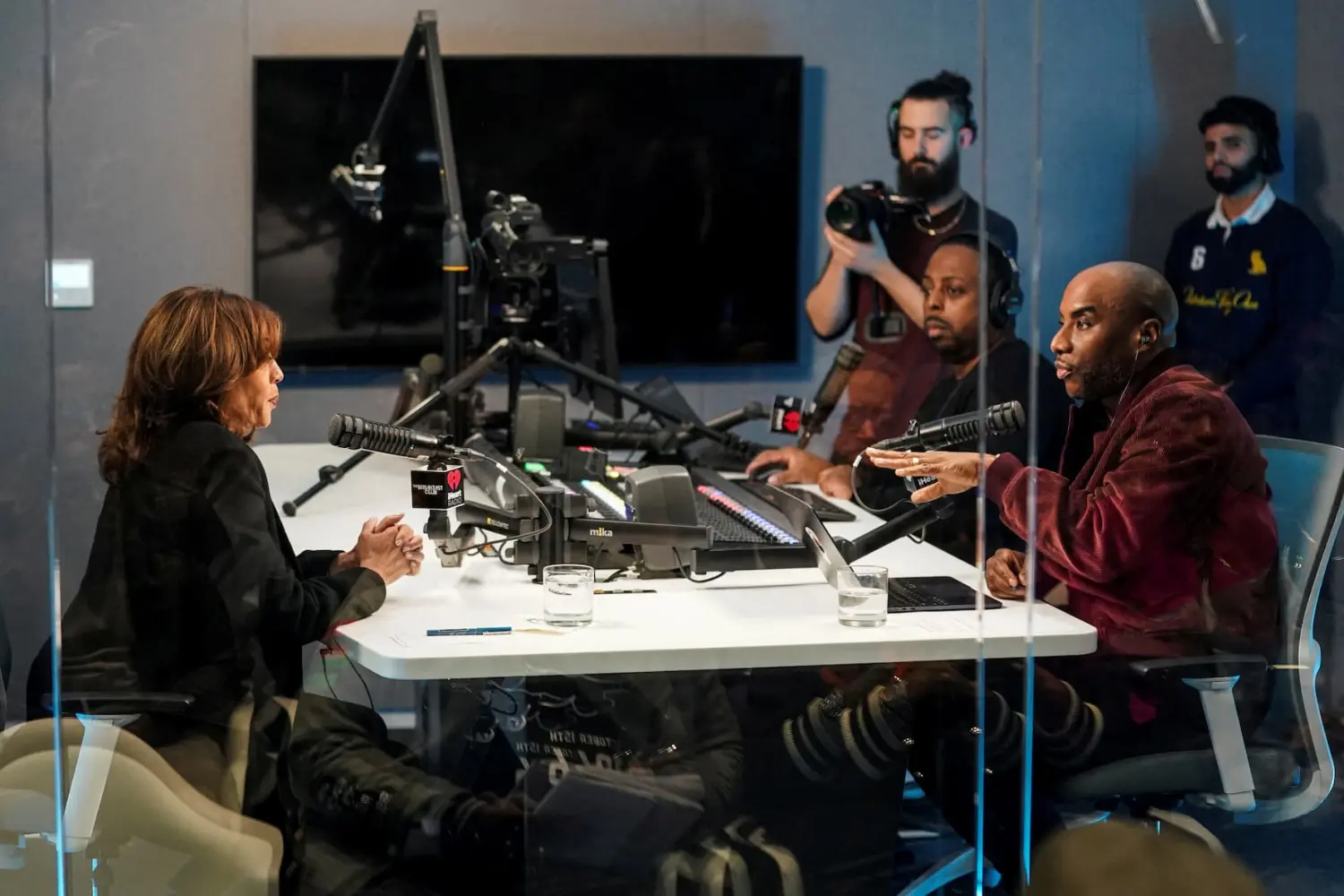 Democratic presidential nominee U.S. Vice President Kamala Harris participates in a "town hall" with radio host Charlamagne Tha God, in Detroit, Michigan, U.S., October 15, 2024.