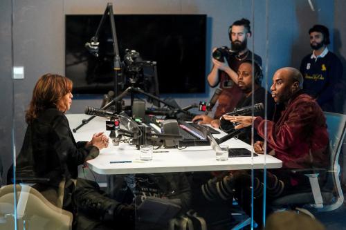 Democratic presidential nominee U.S. Vice President Kamala Harris participates in a "town hall" with radio host Charlamagne Tha God, in Detroit, Michigan, U.S., October 15, 2024.