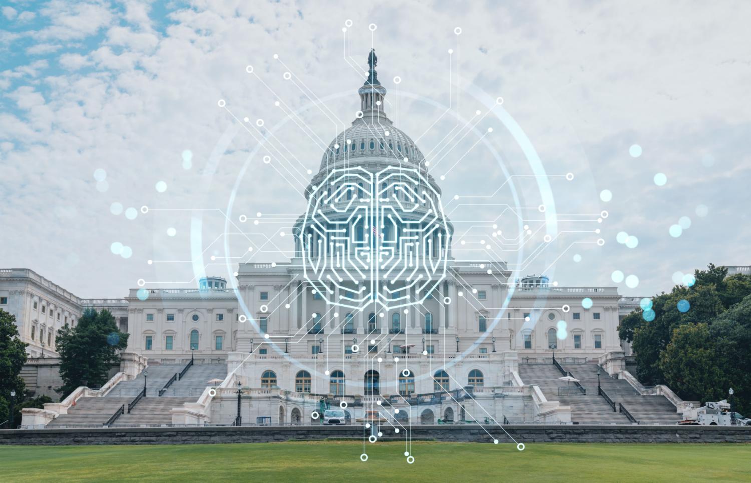 Capitol Dome Building in Washington, D.C. with an overlay of AI hologram imagery.