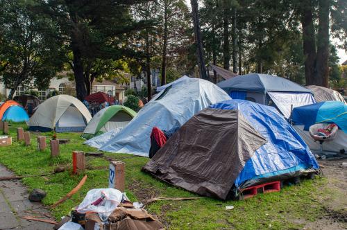 Berkeley, CA, USA - December 27, 2021: Homeless encampments at Peoples Park, a historic site of political activism