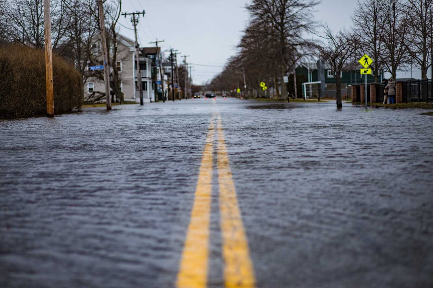 The streets of Newport Rhode Island after a Nor'Easter hit the area with heavy winds and storm surges from the Atlantic Ocean. The roads were closed with flooding for days. Climate Change concept.