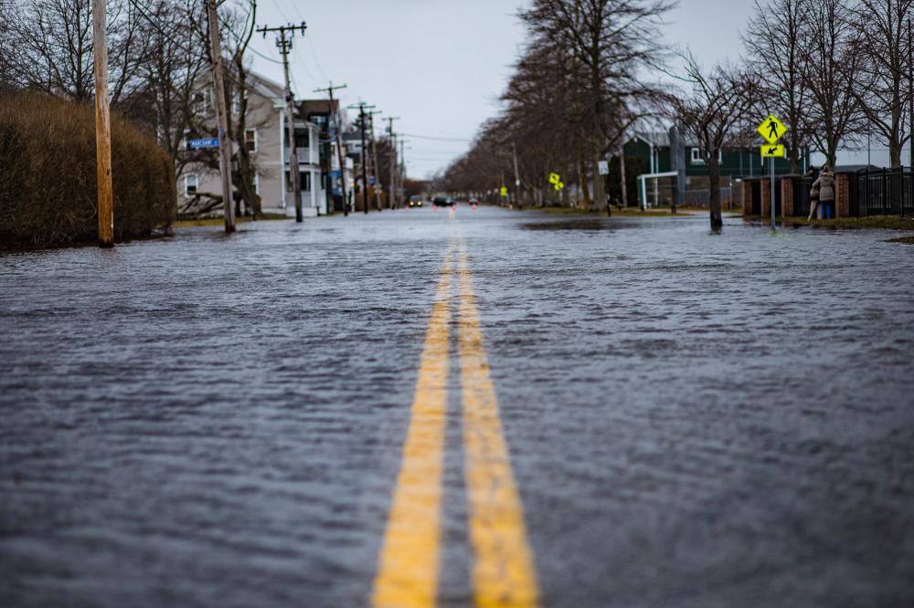 The streets of Newport Rhode Island after a Nor'Easter hit the area with heavy winds and storm surges from the Atlantic Ocean. The roads were closed with flooding for days. Climate Change concept.