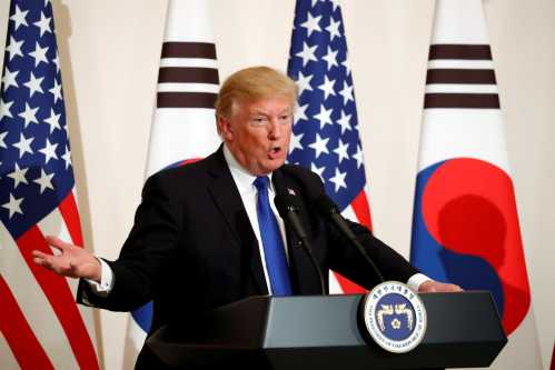 U.S. President Donald Trump and South Korea's President Moon Jae-in hold a joint news conference the Blue House in Seoul, South Korea November 7, 2017.