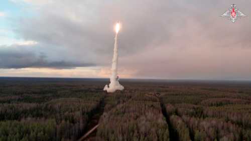A Yars intercontinental ballistic missile is launched during a test from the Plesetsk cosmodrome in Northern Arkhangelsk region, Russia, in this still image taken from video released on October 29, 2024.