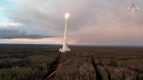 A Yars intercontinental ballistic missile is launched during a test from the Plesetsk cosmodrome in Northern Arkhangelsk region, Russia, in this still image taken from video released on October 29, 2024.