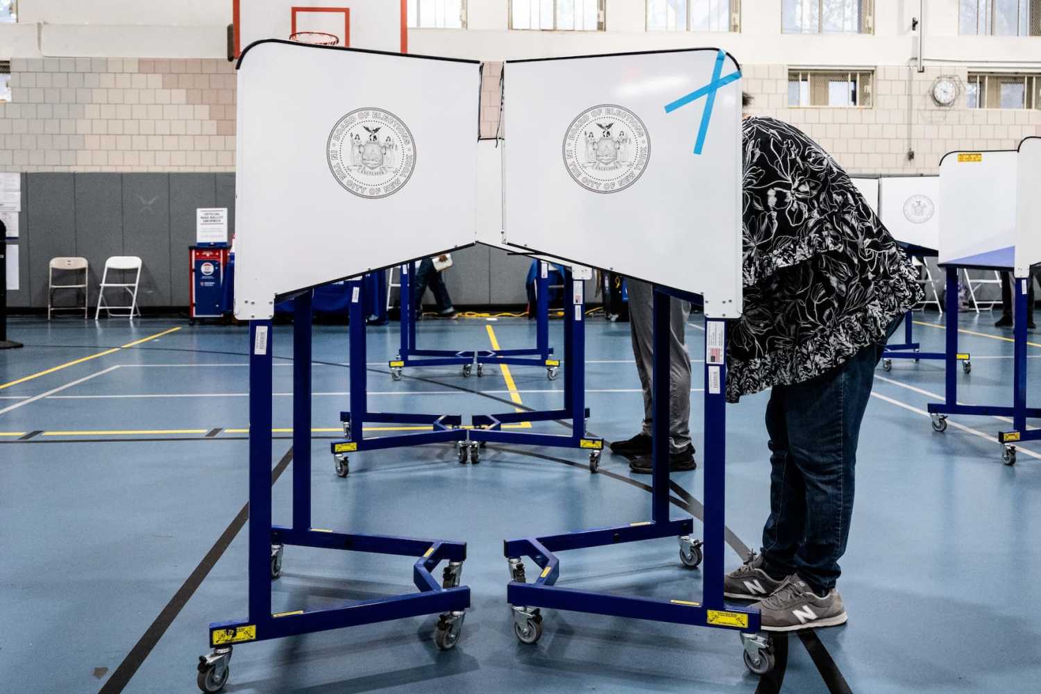 Privacy booths at a polling place during early voting at West Side High School in New York City.