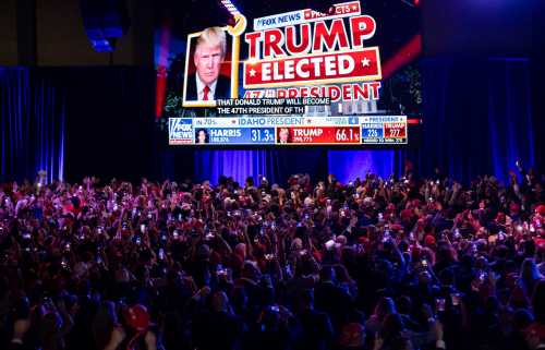 A crowd of supporters reacts after Fox News announced Republican presidential nominee Donald Trump as the winner of his presidential race against Kamala Harris during his election night party at the Palm Beach County Convention Center on Tuesday, November 6, 2024, in West Palm Beach, FL, USA.
