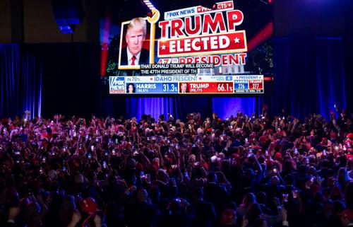 A crowd of supporters reacts after Fox News announced Republican presidential nominee Donald Trump as the winner of his presidential race against Kamala Harris during his election night party at the Palm Beach County Convention Center on Tuesday, November 6, 2024, in West Palm Beach, FL, USA.