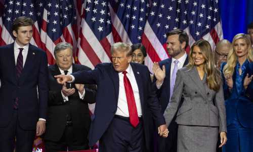President-elect Donald Trump, flanked by his son Barron Trump, J.D. Vance, and his wife Melania Trump, points to the crowd after speaking during his election night party alongside other family and friends at the Palm Beach County Convention Center on Tuesday, November 6, 2024, in West Palm Beach, FL, USA.