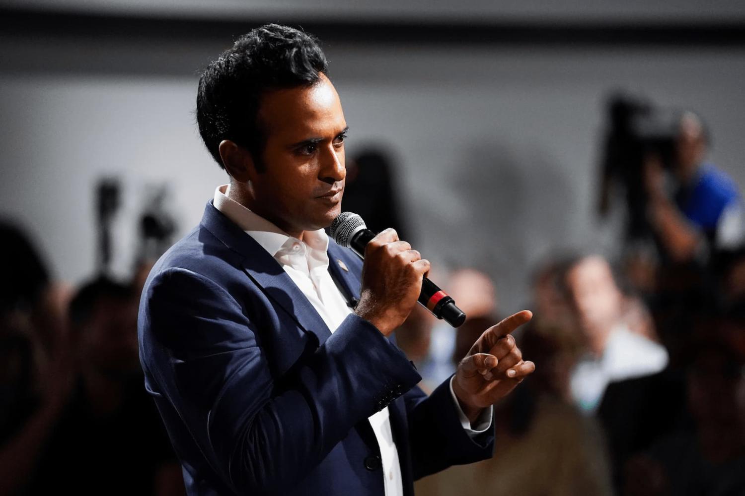 Former republican presidential candidate Vivek Ramaswamy speaks during a town hall on Thursday, Sept. 19, 2024 at Bushnell Events Center in Springfield, Ohio. Ramaswamy held a town hall to discuss the national immigration debate and other political topics.