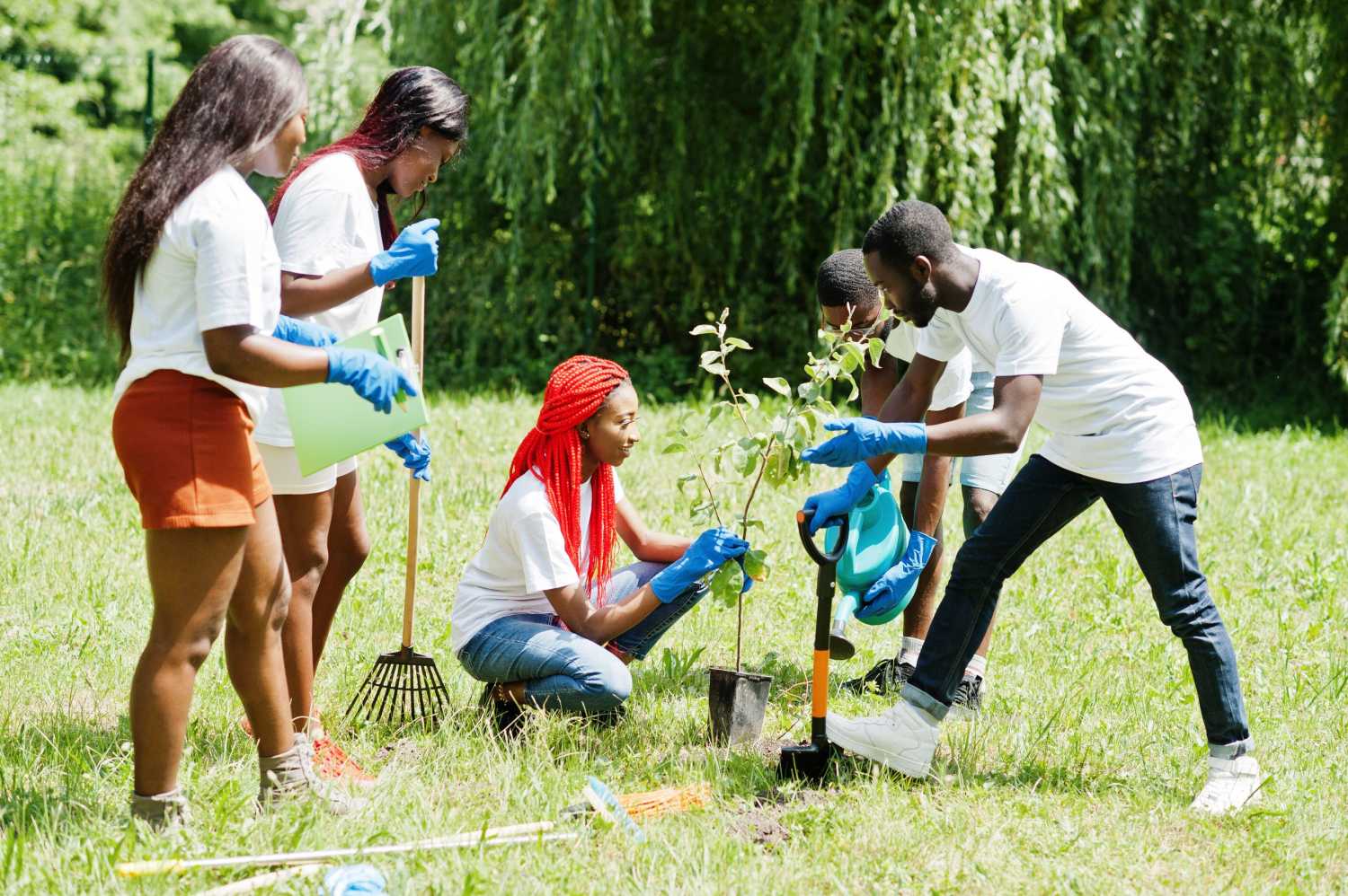 Students stand in a circle, prepared with tools to plant a sapling