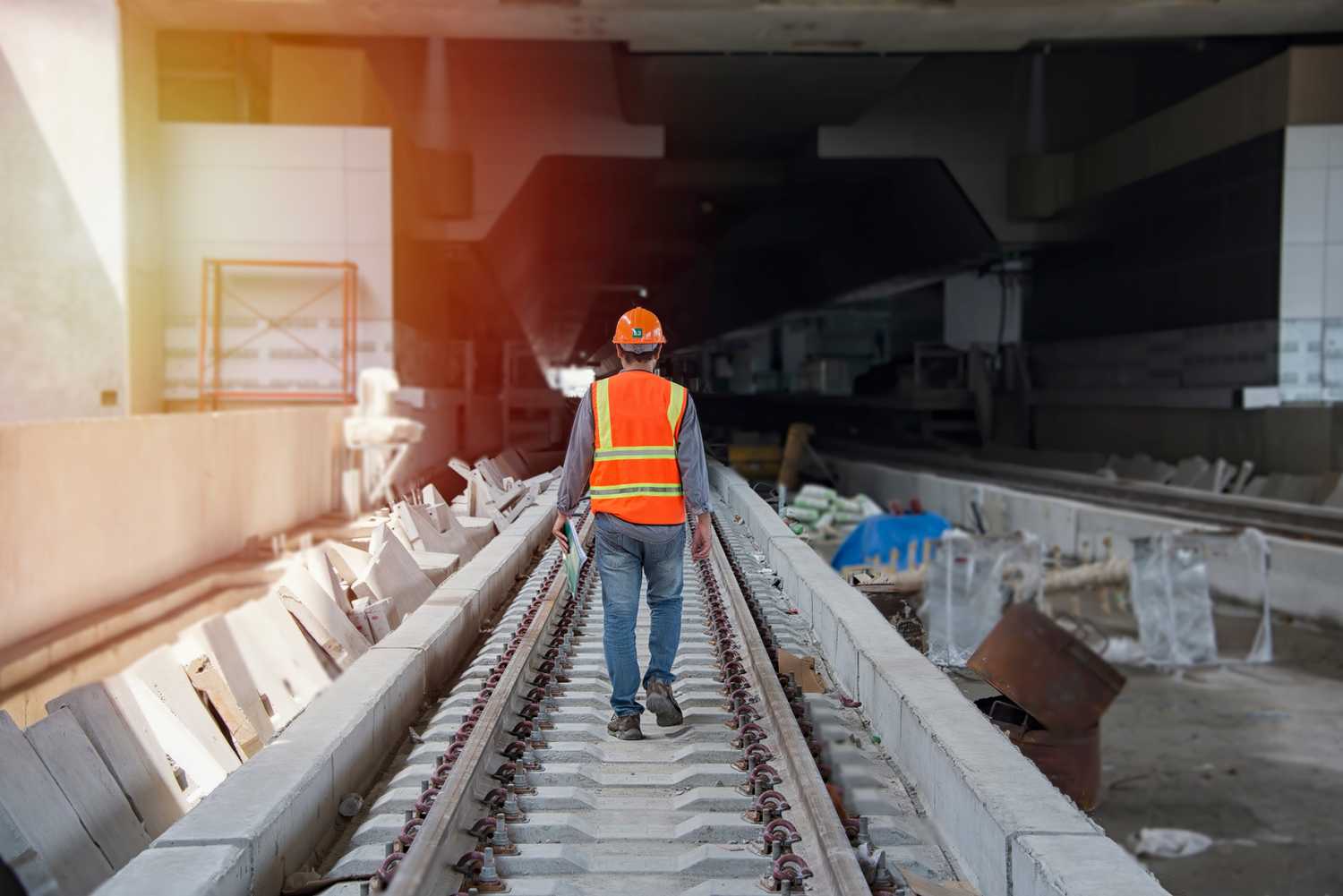 Back view engineer, worker walk on railway inspection. construction worker on railways. Engineer work on railway. rail, engineer, Infrastructure