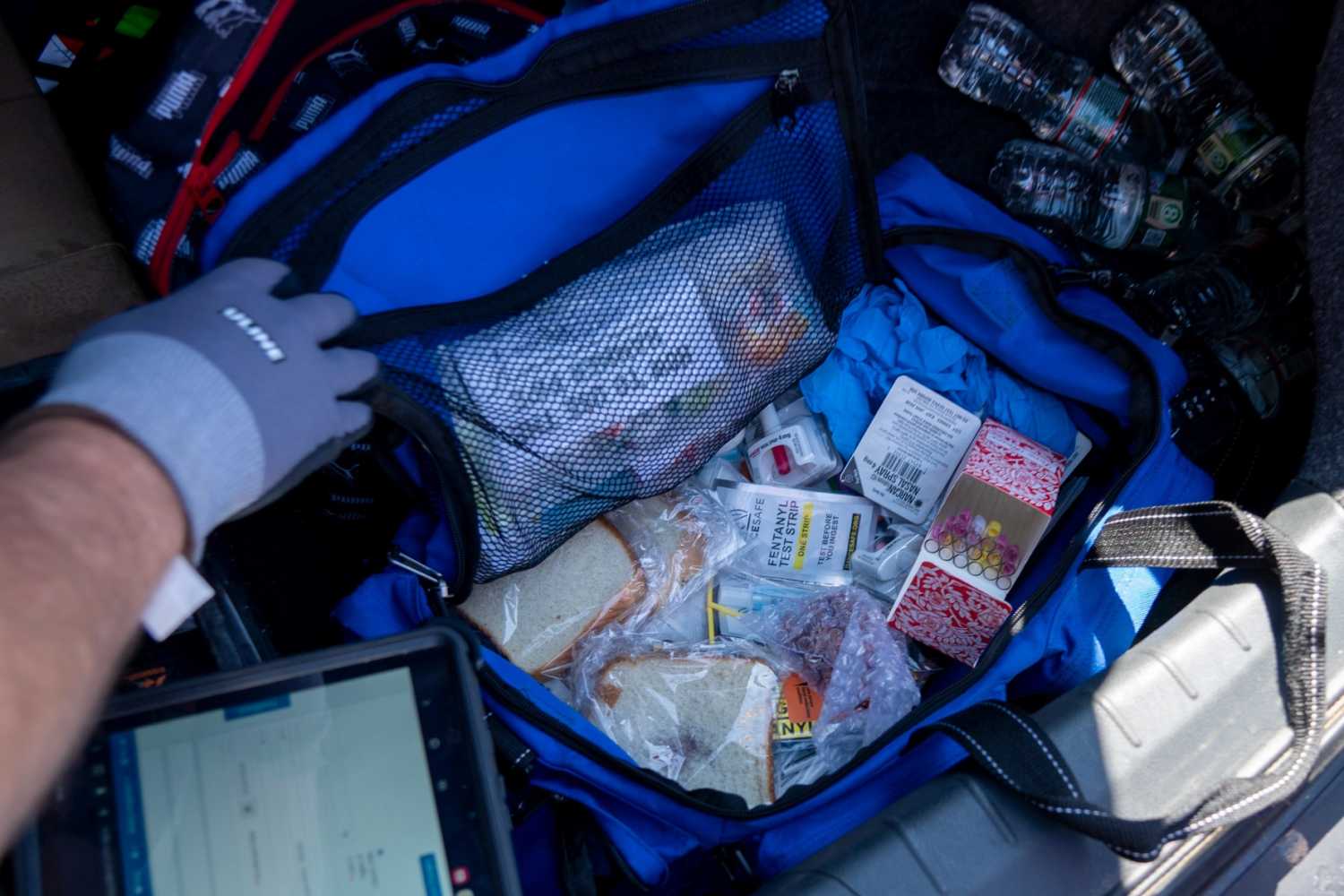 A bag of supplies for the Tier 1 Recovery Harm Reduction team hands out to people dealing with drug addiction in Paterson on Monday, August 12, 2024.