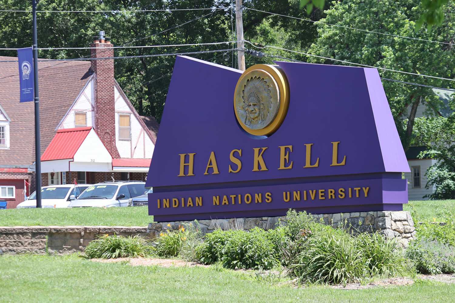 Lawrence, Kans., USA - June 28, 2022: Signs identify Haskell Indian Nations University campus.
