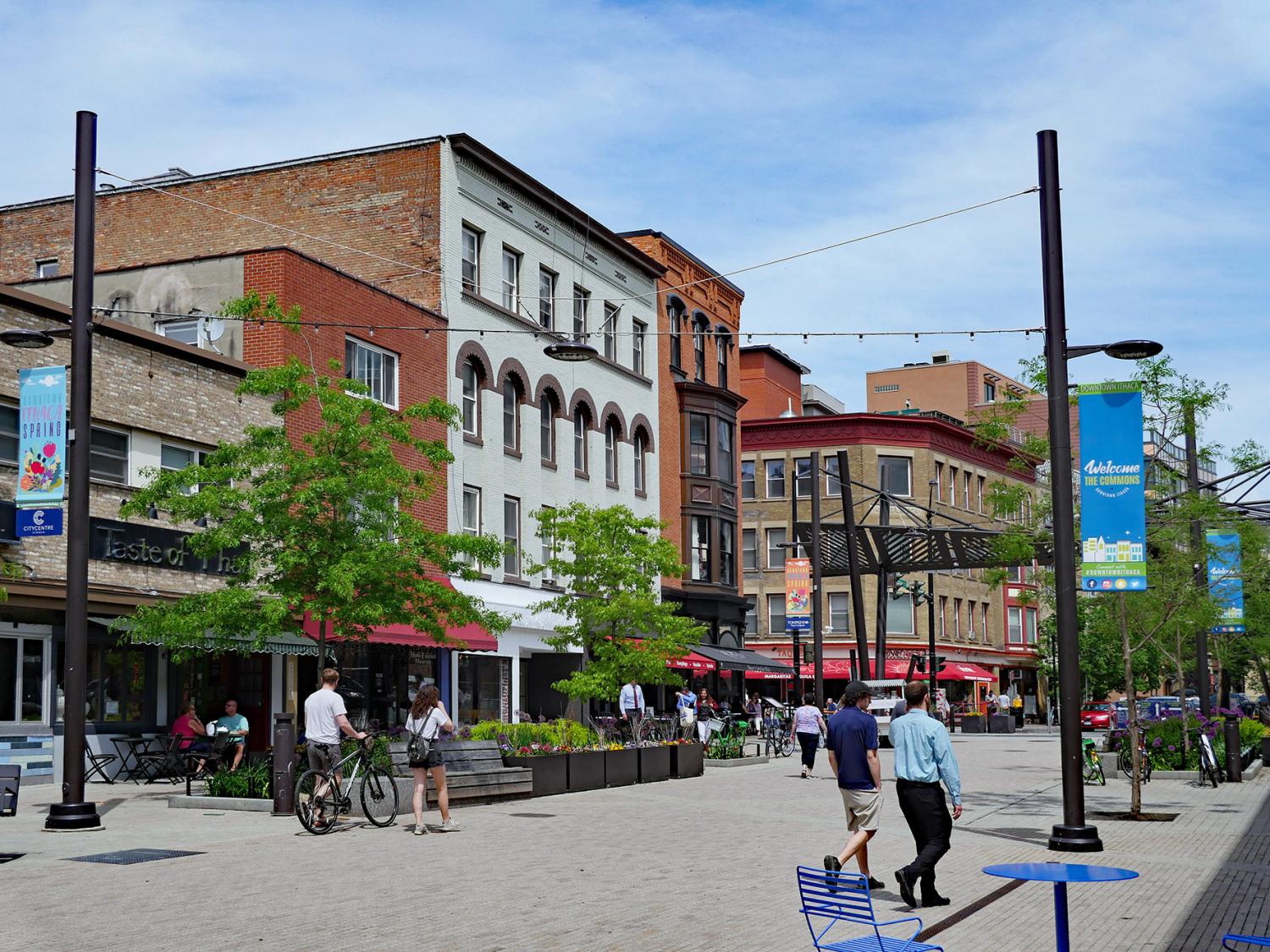 ITHACA, NY - MAY 2019: Ithaca, the home of Cornell University, has a lively downtown with shopping and restaurants, including this pedestrianized street.