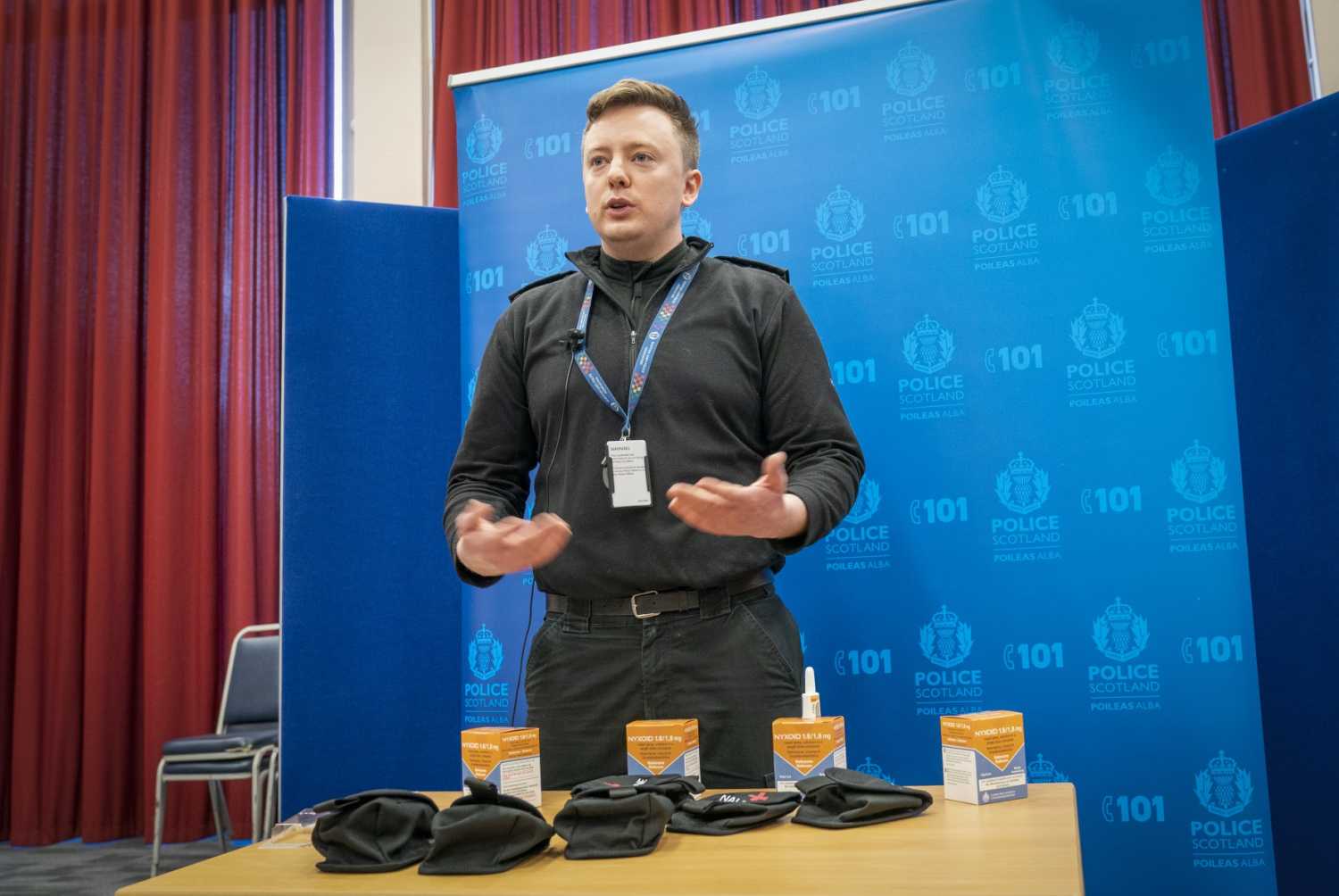 PA via Reuters Police Scotland's PC Ross Hunter talks to the media as all officers across Scotland are to be instructed in the use of naloxone, a drug that can reverse the effects of opioids, such as heroin, methadone, opium, codeine, morphine and buprenorphine.