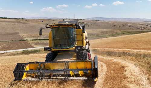 A farmer operates a combine while harvesting grain in a field of a farm Haymana town, near Ankara, in Turkiye on 16 July 2024. Depo Ph/Sipa USA via Reuters Connect.