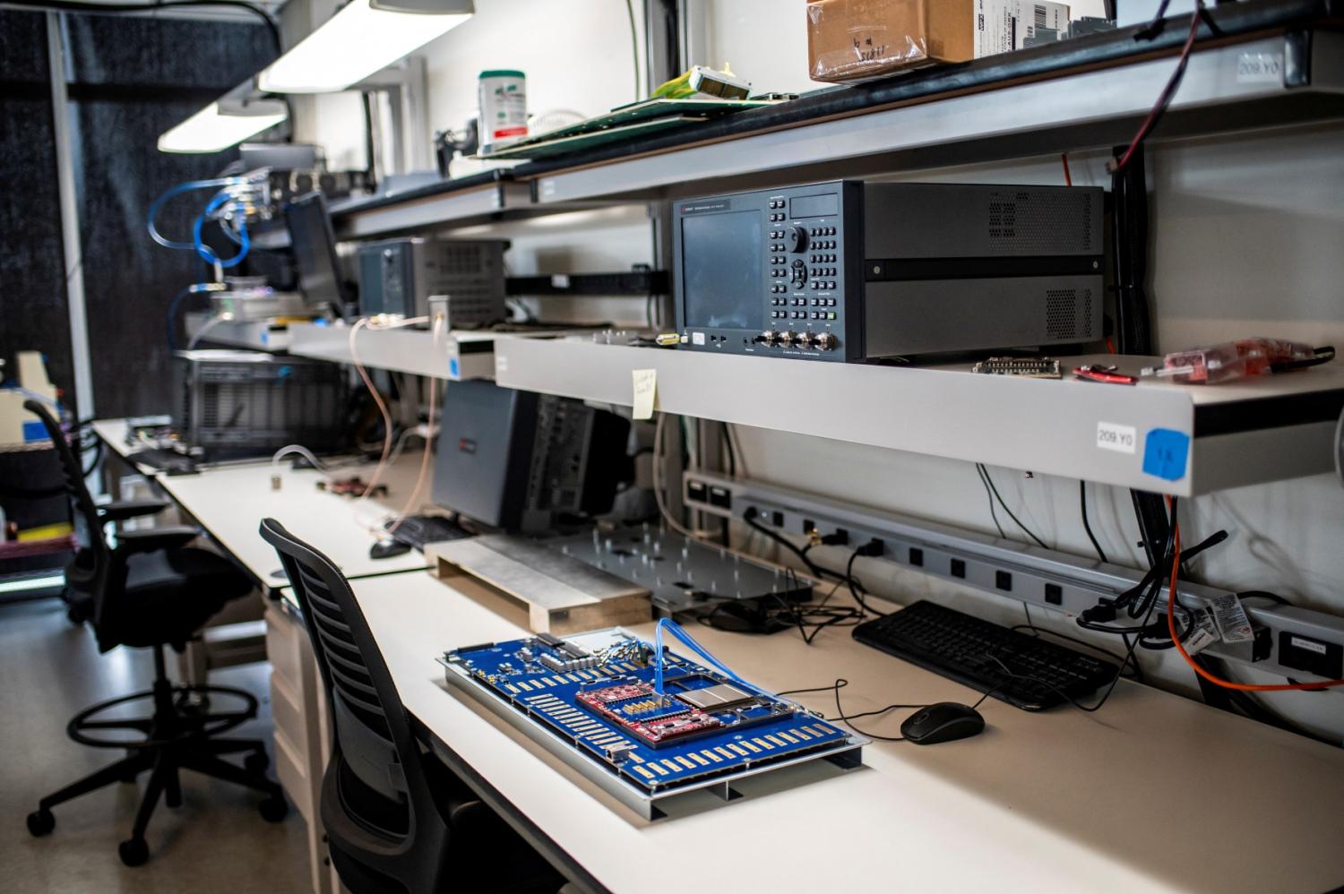 Equipment for testing recently launched Amazon artificial intelligence processors that aim to tackle Nvidia and the chips made by the other hyperscalers such as Microsoft and Google are seen at an Amazon lab in Austin, Texas, U.S., July 19, 2024.
