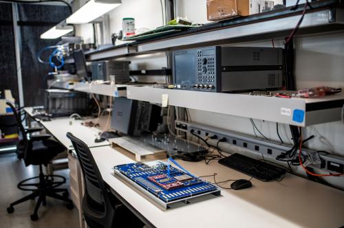 Equipment for testing recently launched Amazon artificial intelligence processors that aim to tackle Nvidia and the chips made by the other hyperscalers such as Microsoft and Google are seen at an Amazon lab in Austin, Texas, U.S., July 19, 2024.