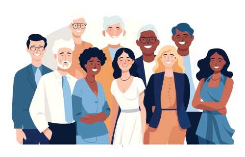 an illustration of a group of people representing a variety of demographic characteristics