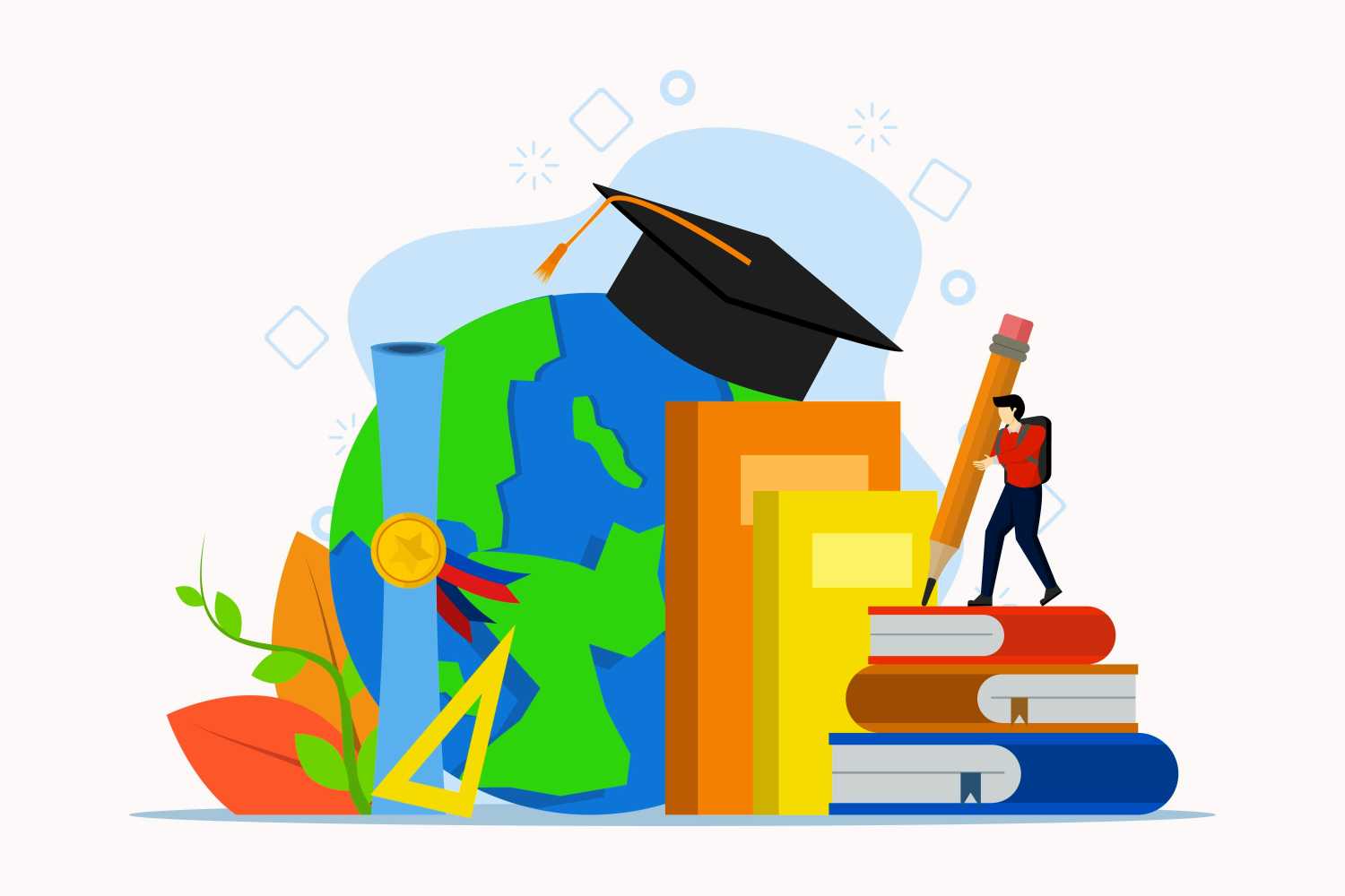illustration of a number of metaphorical elements illustrating the intellectual journey of higher education, including a graduation cap, a student mounting a stairwell-like stack of out-of-scale books, a sprouting stem, a diploma, and a world globe