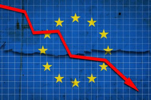 A red arrow points down and to the right, laid over torn graph paper and a ring of stars from the EU flag