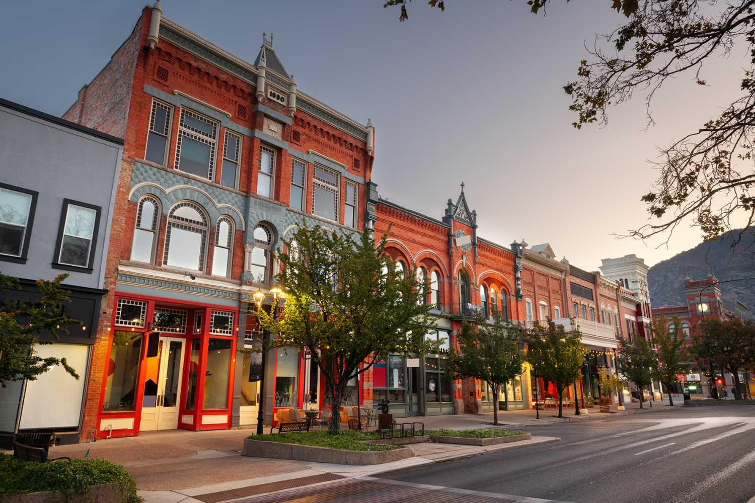 Provo, Utah, USA downtown on Center Street at dusk.