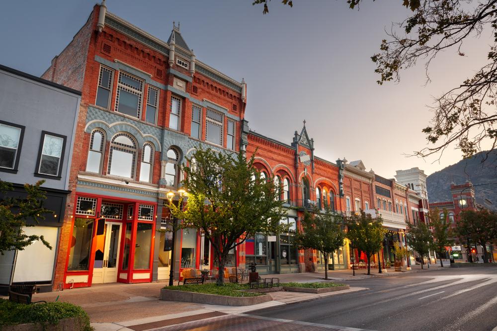 Provo, Utah, USA downtown on Center Street at dusk.