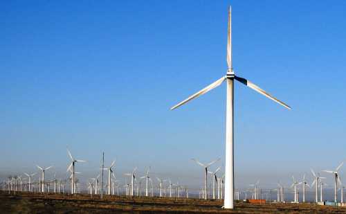 View of wind turbines in a wind farm in Xinjiang Autonomous Region, China, August 19, 2006.