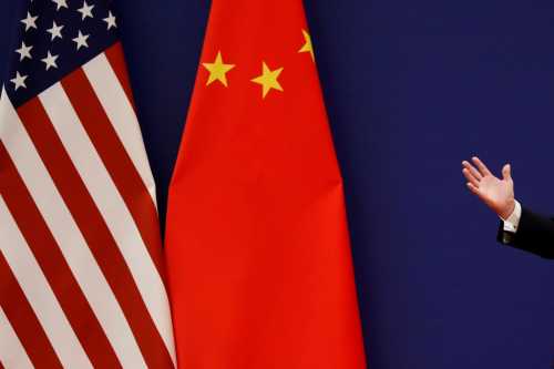 U.S. President Donald Trump delivers his speech as he and China's President Xi Jinping meet business leaders at the Great Hall of the People in Beijing, China, November 9, 2017.