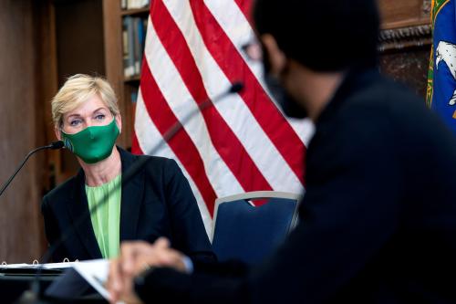 U.S. Secretary of Energy Jennifer Granholm listens as Howard University student Christopher Flowers speaks during a roundtable discussion on need for greater diversity in science, technology, engineering, and math (STEM) at Howard University in Washington, U.S., May 3, 2021.