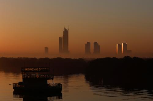 A view of buildings in morning fog as the first sun of the New Year rises in Karachi, Pakistan, January 1, 2023.