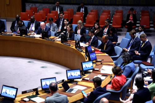 Delegates attend during the United Nations Security Council meeting concerning the maintenance of peace and security in Ukraine at the UN headquarters in New York City on August 24, 2023 in New York City, USA.