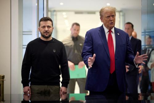 Handout photo shows Ukrainian President Volodymyr Zelensky (L) and Republican presidential nominee former US President Donald Trump, meeting on September 27, 2024 in New York City, NY, USA.