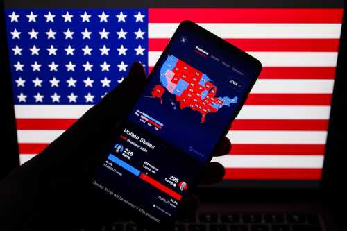 CNN Magic Wall map with U.S. presidential results is screened on a mobile phone for an illustration photo taken on November 7, 2024. Former President Donald Trump wins, becoming the 47th president of the U.S.
