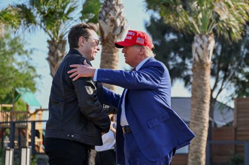 U.S. President-elect Donald Trump greets Elon Musk before attending a viewing of the launch of the sixth test flight of the SpaceX Starship rocket, in Brownsville, Texas, U.S., November 19, 2024.