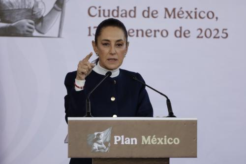 Mexico’s President Claudia Sheinbaum Pardo speaking during the presentation of 'Plan Mexico' with the objective of reducing Asian imports, to the benefit of national and regional production, at the National Museum of Anthropology. on January 13, 2025 in Mexico City, Mexico.