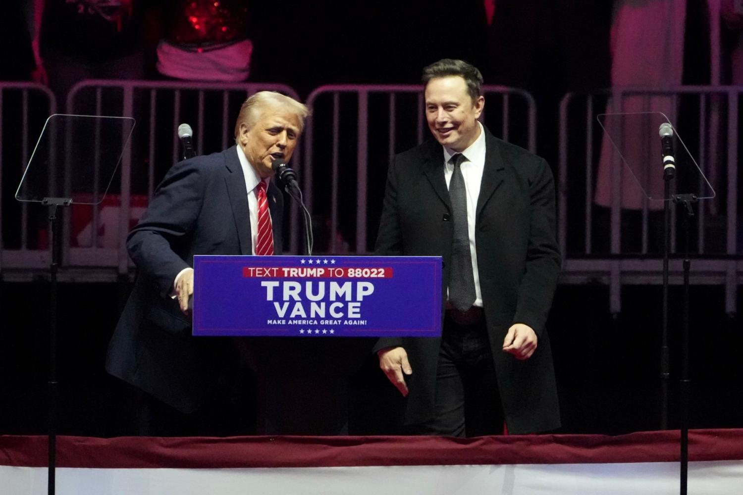 Elon Musk and President-elect Donald Trump are pictured speaking at the 'Make America Great Again Victory Rally' at the Capital One Arena in Washington.