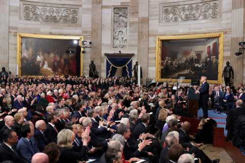 U.S. President Donald Trump delivers a speech during his presidential inauguration at the Rotunda of the U.S. Capitol in Washington, U.S., on January 20, 2025. REUTERS/Kevin Lamarque