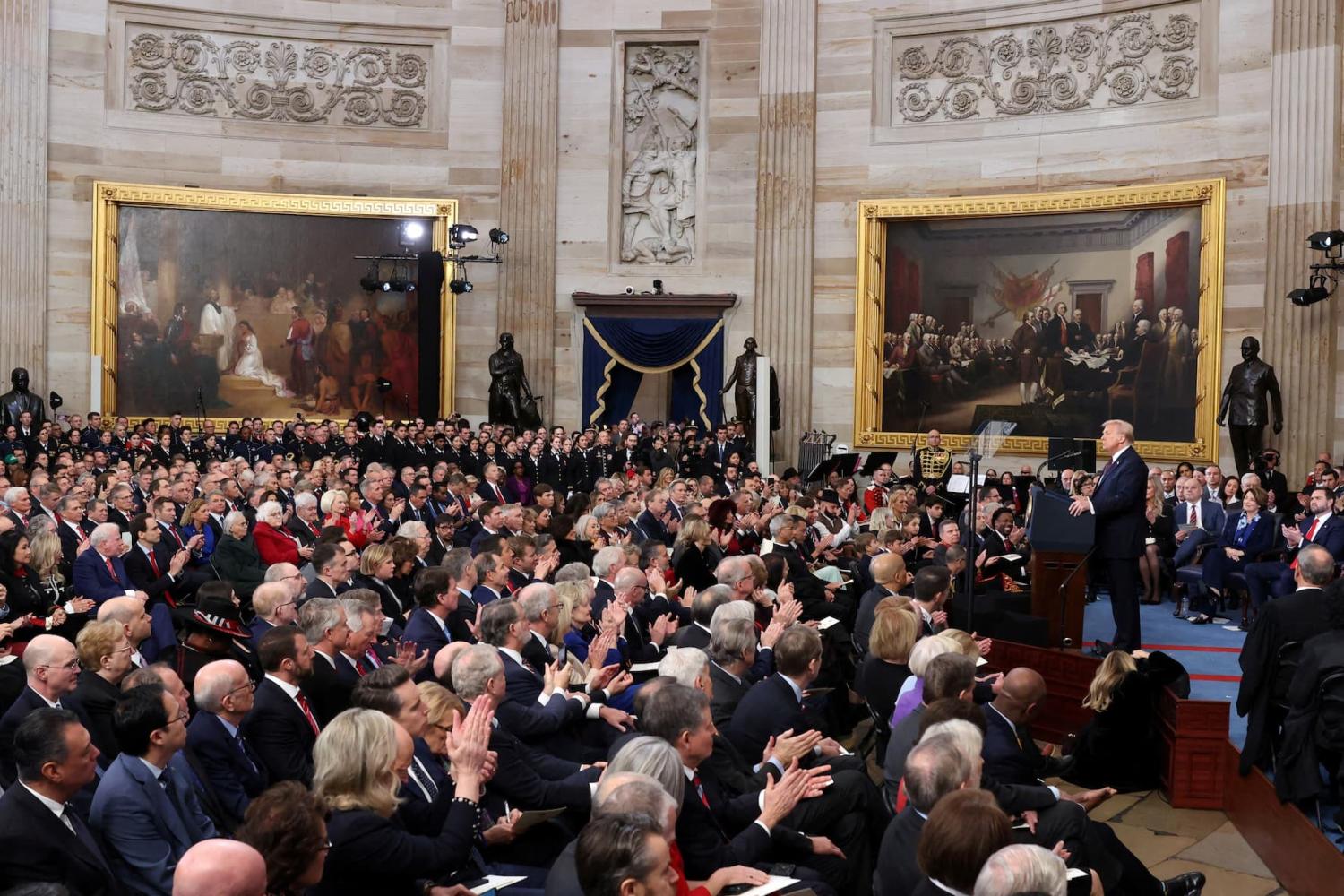 U.S. President Donald Trump delivers a speech during his presidential inauguration at the Rotunda of the U.S. Capitol in Washington, U.S., on January 20, 2025. REUTERS/Kevin Lamarque