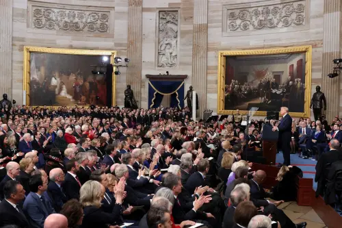 U.S. President Donald Trump delivers a speech during his presidential inauguration at the Rotunda of the U.S. Capitol in Washington, U.S., on January 20, 2025. REUTERS/Kevin Lamarque